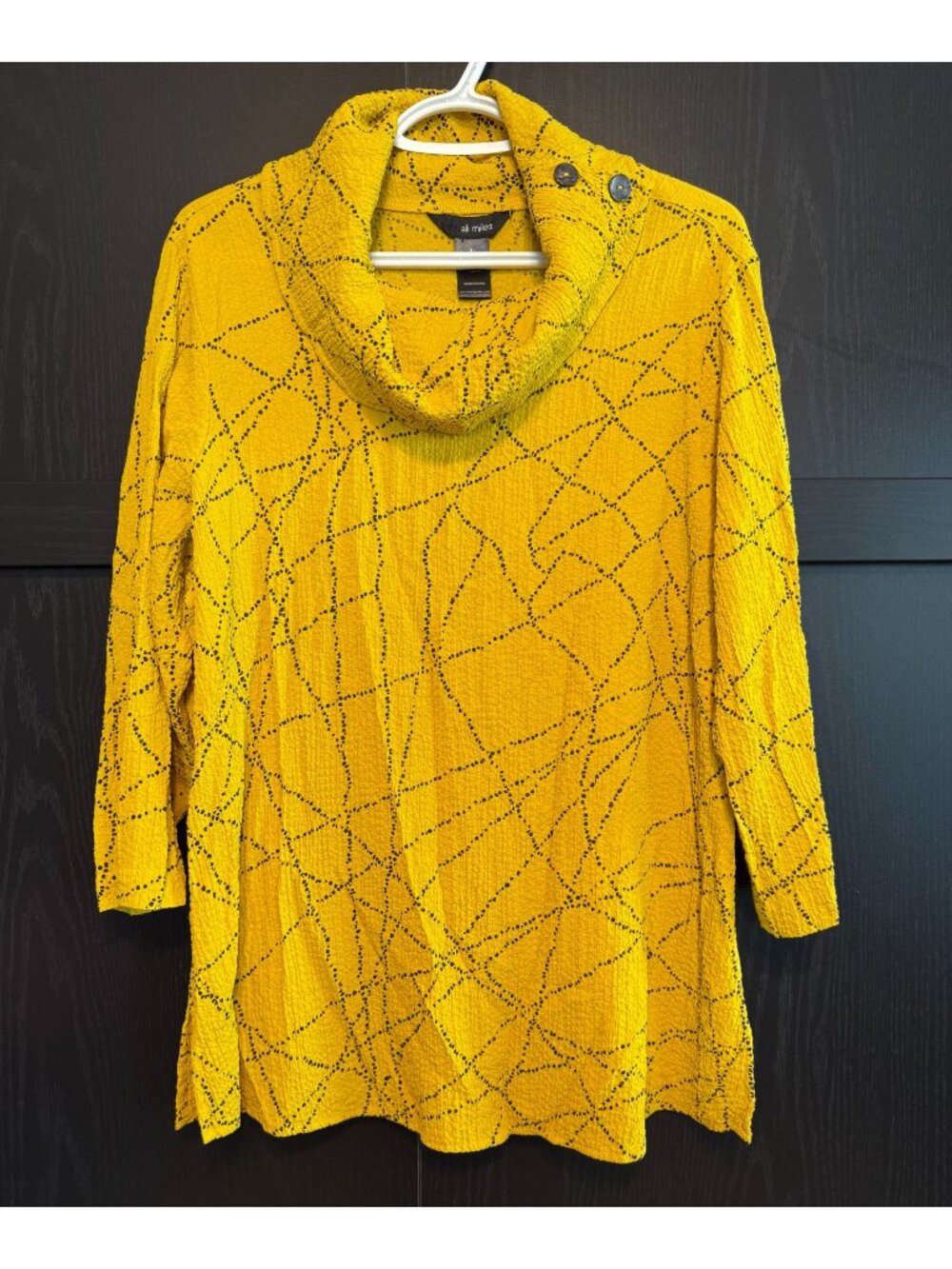 Ali Miles Yellow Black Cowl Neck Artsy Tunic Blouse XL 3/4 Sleeves Lagenlook